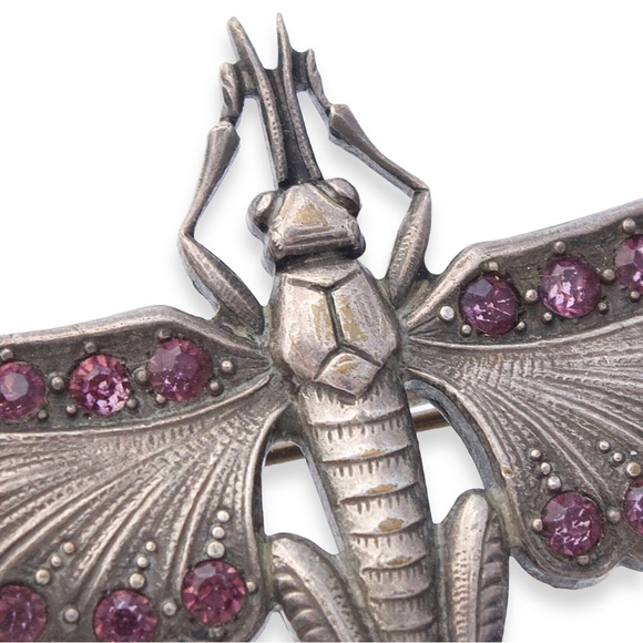 Vintage French Grasshopper Brooch Silver Plate Purple Rhinestone Locust Insect - Picture 3 of 7